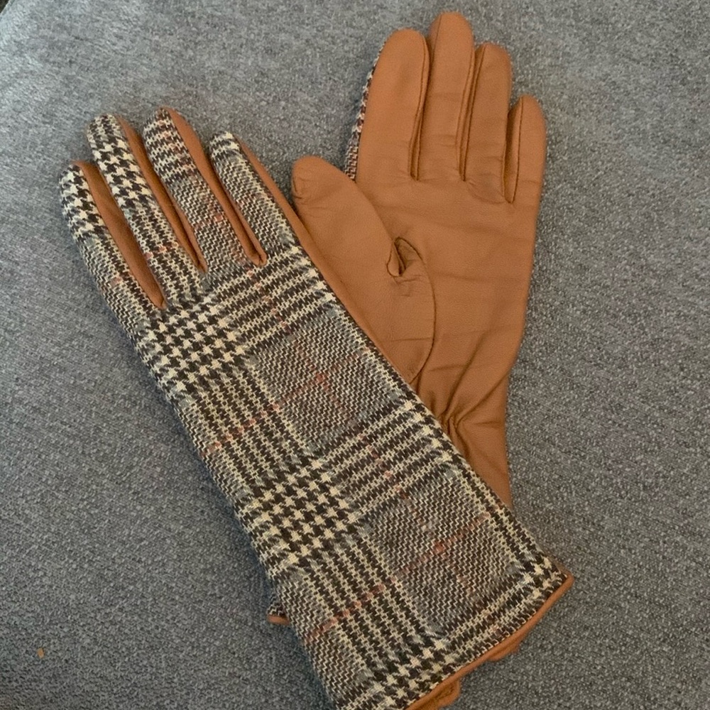Merona genuine brown leather gloves with woolblend houndstooth front - size S